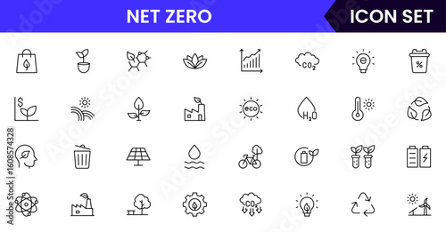 Net zero vector line icons featuring sustainability, environment, social responsibility, governance, recycling, renewable energy, ethics, community, and corporate accountability concepts.