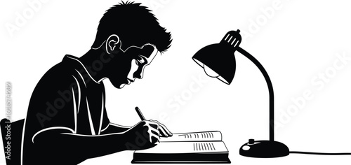 Vector art of a young student is diligently studying at his desk under the light of a lamp