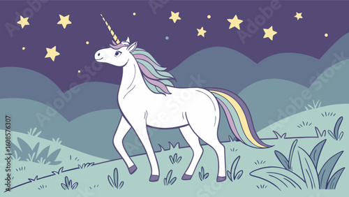 Cute unicorn cartoon illustration with stars magical fantasy animal character design vector graphic for kids art