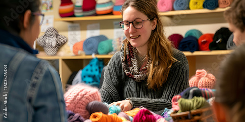 Woman helping customers in yarn shop, Yarn store with customer service, Craft store employee assisting with yarn selection

