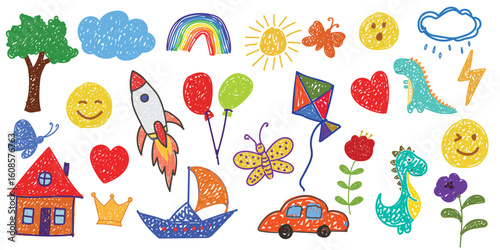 Cute colorful kids doodle set with hand drawn cartoon elements like rocket, sun, cloud, rainbow, dinosaur, heart, flower, and more. Perfect for children design, nursery, stickers, crafts, and prints.