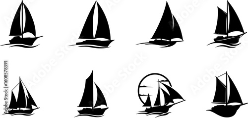 Sail boat logo silhouette vector design, sail boat logo icon silhouette, sailboat sailing ship logo vector illustration, sailboat and sailing ship vector silhouette logo design on white background