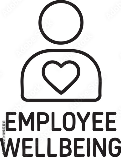 A simple line art icon represents employee wellbeing, featuring a person with a heart symbol, emphasizing care and health in the workplace for a positive environment.