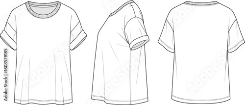 Basic t-shirt flat sketch, short sleeve, rolled cuff, crew neck, front side back view, fashion cad vector drawing template