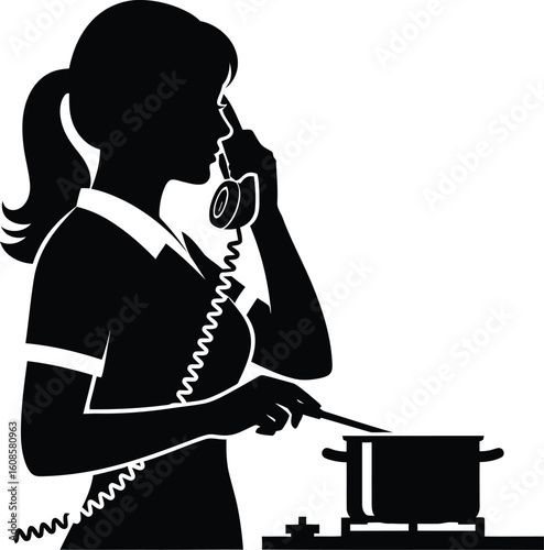 Vector art of a silhouetted woman is cooking while talking the phone