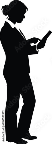 Vector art of a silhouetted businesswoman is using a tablet