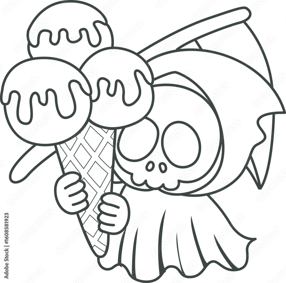 Obraz premium Illustration of cute skull ghost icon. Funny skull ghost in activities stickers. Angel of death cute elements.