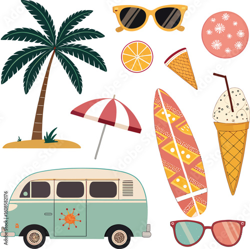 A colorful summer beach vacation scene with retro van and palm tree