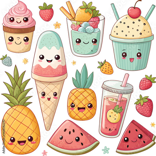 A collection of kawaii summer fruits and desserts with cute faces