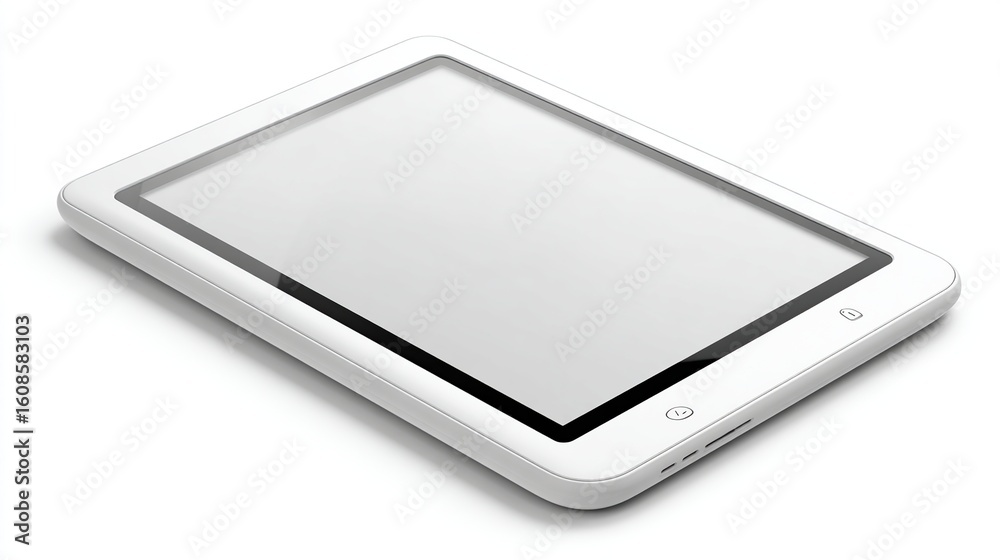 White electronic tablet with a blank white screen casting a shadow, angled view White electronic tablet with a blank white screen casting a shadow, angled view