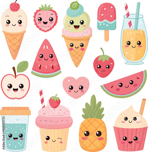 A delightful assortment of kawaiistyle dessert and fruit characters