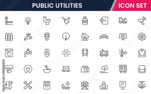 Public utilities vector line icons featuring water, electricity, gas, waste management, infrastructure, service meters, maintenance, power plants, and community resources.