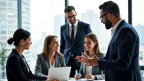 Diverse team of professionals engaged in a productive business meeting collaborating and discussing ideas around a table with a laptop