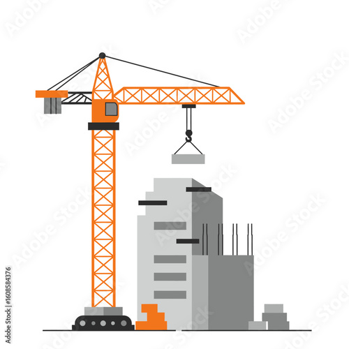 A vector illustration depicts a construction crane lifting a concrete block, building a new structure against a clean white background, representing the construction industry.
