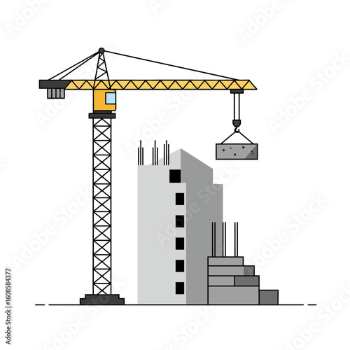 A minimalist vector illustration shows a yellow crane lifting a concrete block next to a building under construction against a clean white background.