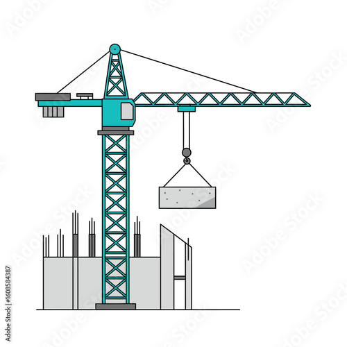 A turquoise construction crane lifts a concrete block over a building's foundation with rebar, symbolizing industrial progress and development.