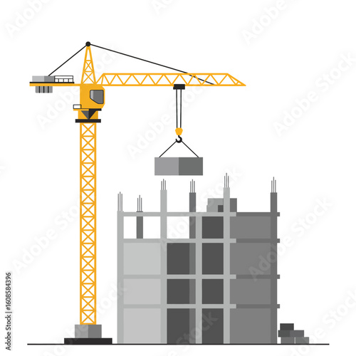 A yellow construction crane lifts a concrete block to build a modern skyscraper against a white background, illustrating the construction industry and urban development.