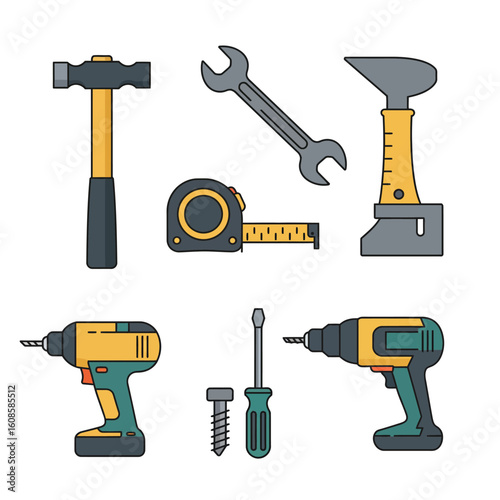 A flat illustration showcasing various essential tools used in construction, carpentry, and home improvement projects, perfect for design and DIY concepts.