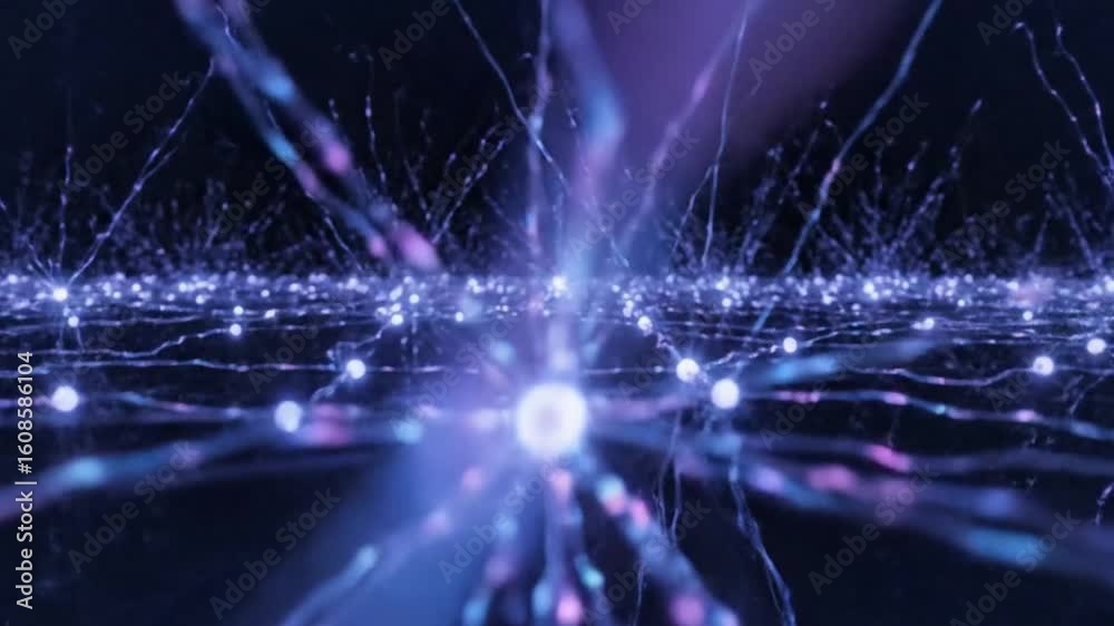 Flying through a futuristic digital neural network representing concepts of artificial intelligence (AI), big data, and machine learning