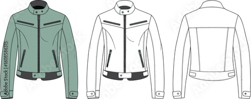 Flat vector CAD fashion sketch of women's biker jacket front and back views with zipper details, collar, and technical stitching