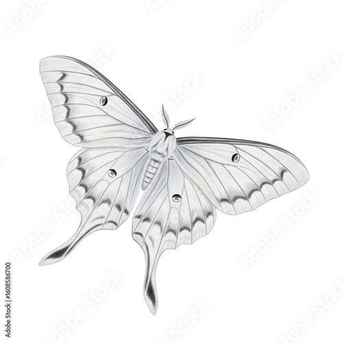 Detailed illustration of a lunar moth in silver