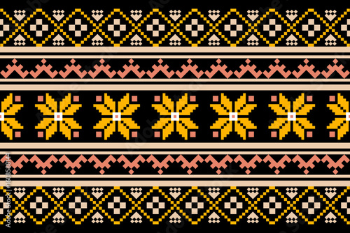 A bold pixel-style Thai textile design featuring yellow star motifs, pink accents, and diamond borders. Perfect for fabric prints, digital crafts, and ethnic-themed designs.