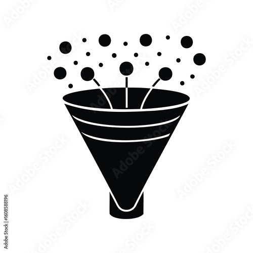 Black and white illustration of a funnel filter with abstract elements