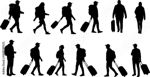 Traveling people silhouettes with luggage vector illustration design set
