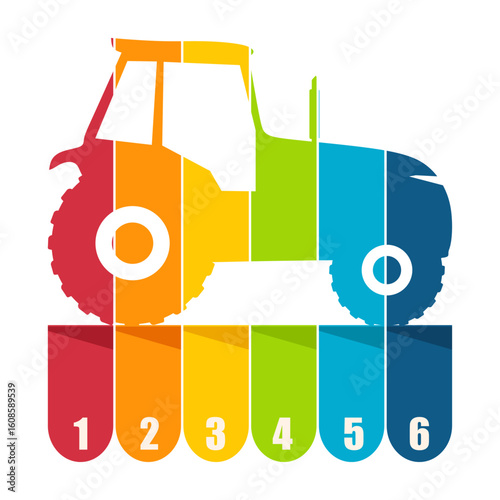 Agricultural machinery. Vehicle for field farm work. Industrial tractor transport icon with six features or option of project to select. Infographic for business information visualization.