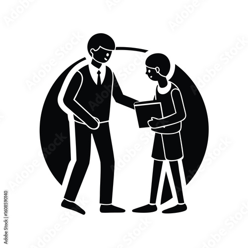 A formal meeting between two people exchanging a book within a circle