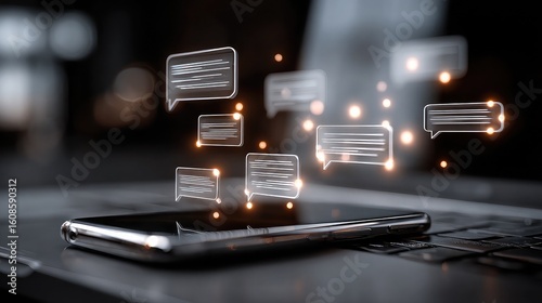 Smartphone chatbot talks beside open laptop, visualizing smart communication, digital AI assistant technology, and conversational interfaces  