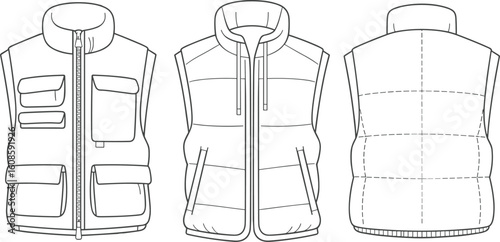 Flat vector CAD drawing of men's padded utility vest, front and back view, multiple pockets, technical fashion design illustration