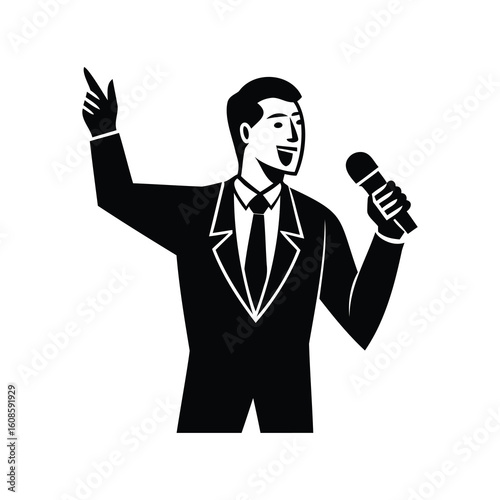 Man in Suit Giving Speech and Holding Microphone in Silhouette Style