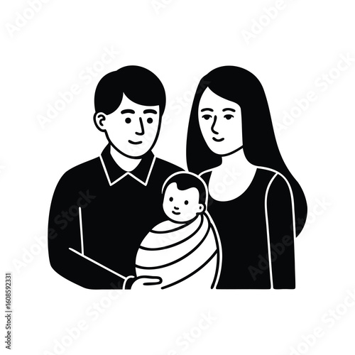 Stylized black and white illustration of a happy family with a newborn