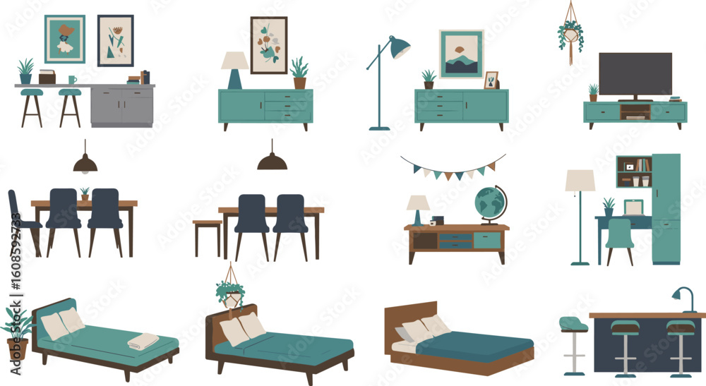 Modern home interior furniture flat vector set, living room, bedroom, kitchen, workspace items, minimalist decoration collection isolated on white background for stylish design concepts