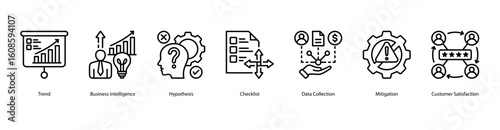 Analytical Thinking web banner icon vector illustration featuring Trend, Business Intelligence, Hypothesis, Checklist, Data Collection, Mitigation, and Customer Satisfaction.