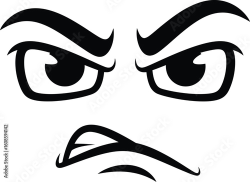 Cartoonish angry face with furrowed eyebrows and clenched teeth in black and white illustration style