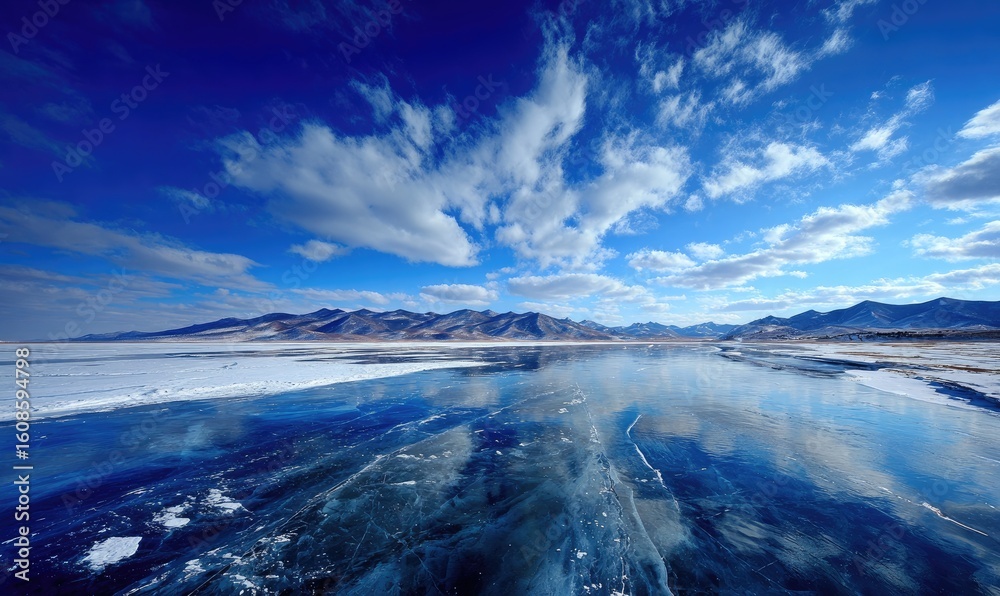 Naklejka premium Frozen lake panorama under a vibrant blue sky