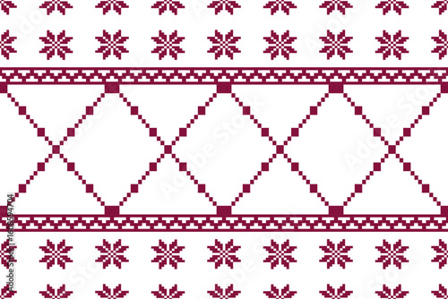 Elegant pixel floral textile pattern with maroon diamond and flower motifs on white. Ideal for traditional embroidery designs, cross-stitch templates, and fabric backgrounds.