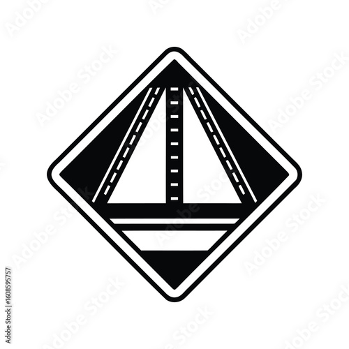 Black and white road construction ahead warning sign with clear symbol