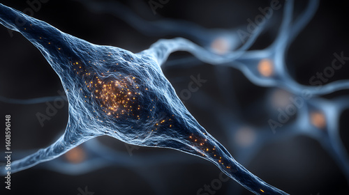 A close up view of interconnected neurons with glowing synapses against a dark background