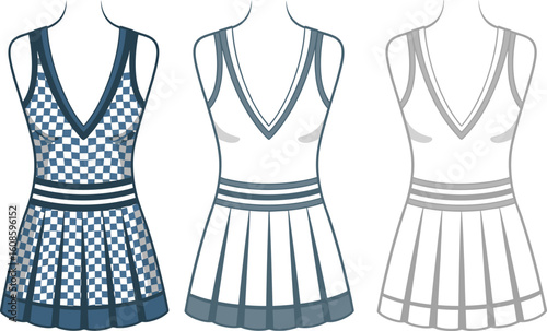 CAD fashion illustration of sleeveless V-neck pleated dress with waistband, check pattern, front view variations, vector flat design
