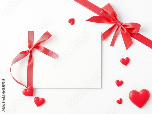Blank card with red ribbons and heart decorations on a white background for valentine's day theme