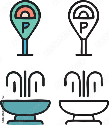 A set of four icons depicting a parking meter and a water fountain, each shown in both a color and a simple outline style.