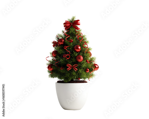 Small Tabletop Christmas Tree with Mini Ornaments and Red Ribbon, Transparent PNG