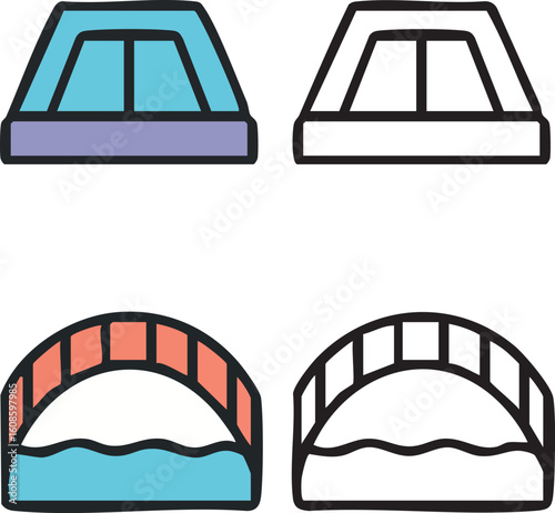 A set of four simple icons depicting an arched footbridge over water and a dog agility A-frame ramp, each shown in color and as a black outline.