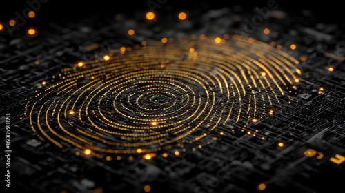 A golden fingerprint on a dark circuit board with glowing dots representing digital security measures