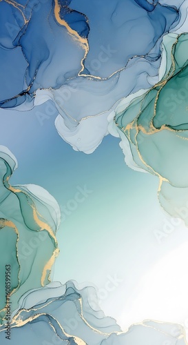 Elegant abstract fluid art background in blue green and gold with flowing textures