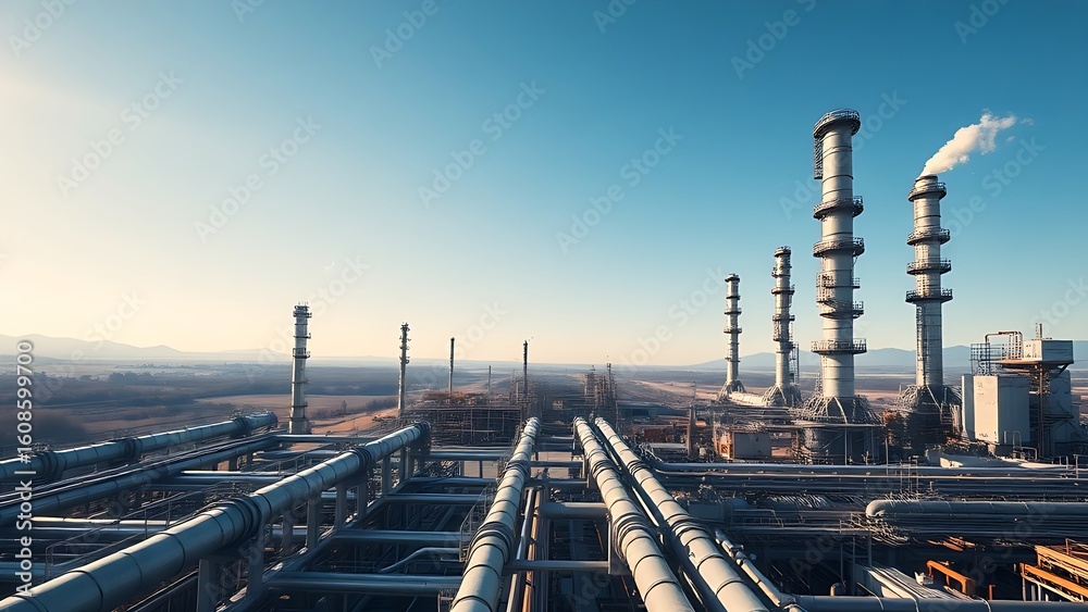 Fototapeta premium Aerial view of an industrial refinery with intricate pipelines under a clear blue sky.