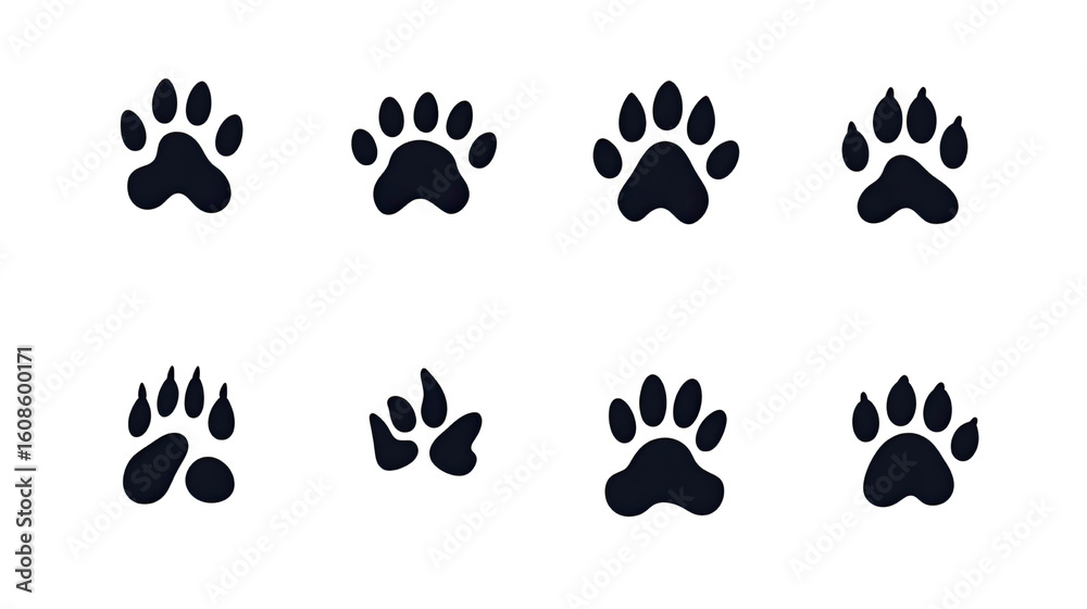 Fototapeta premium Animal paw prints in simple black and white minimalist icon style isolated on white background